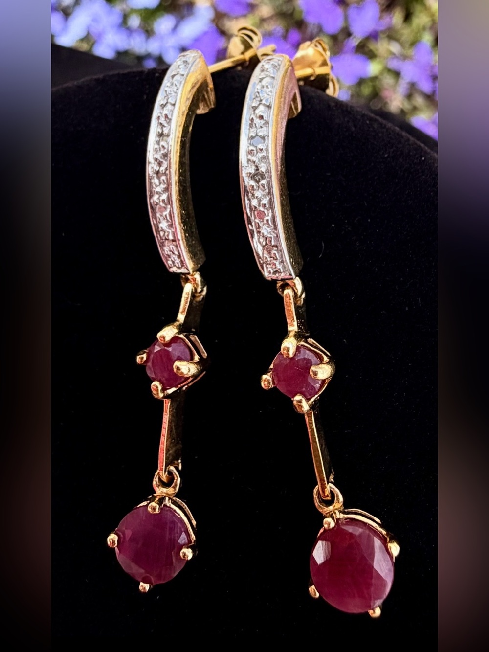 18K Gold Over Sterling Silver Ruby & Diamond Crescent Dangle Earrings 3.08 CTW